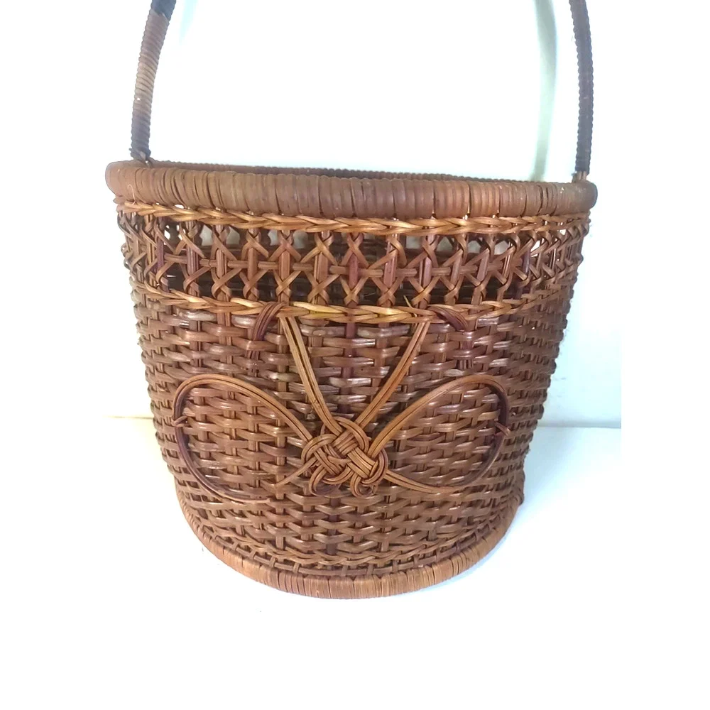 Rattan Wicker Dark Brown Vintage Basket Hanging Handle Plant Storage